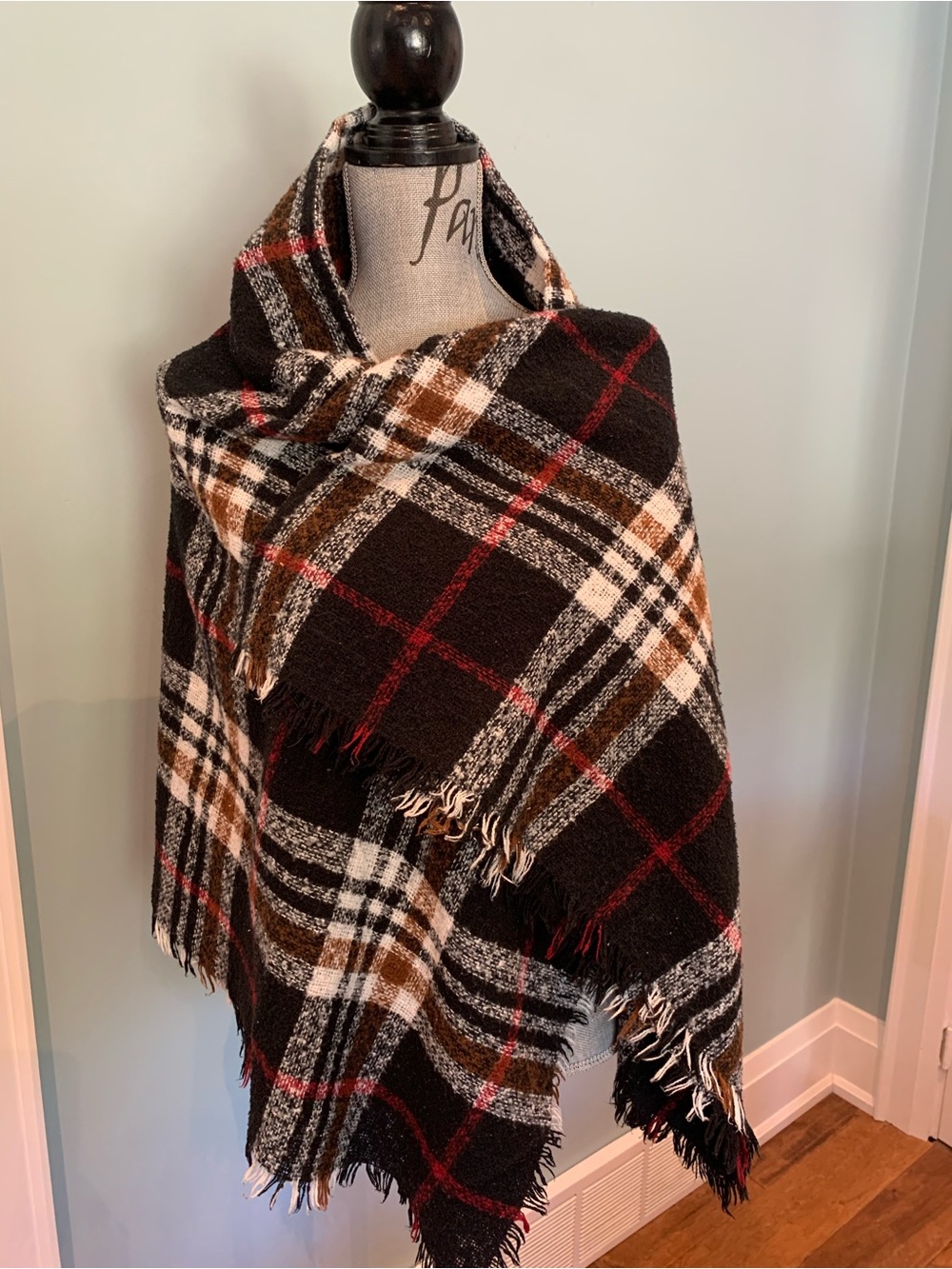 Cozy Plaid Fringe Poncho Wrap - Black, Brown & Cream